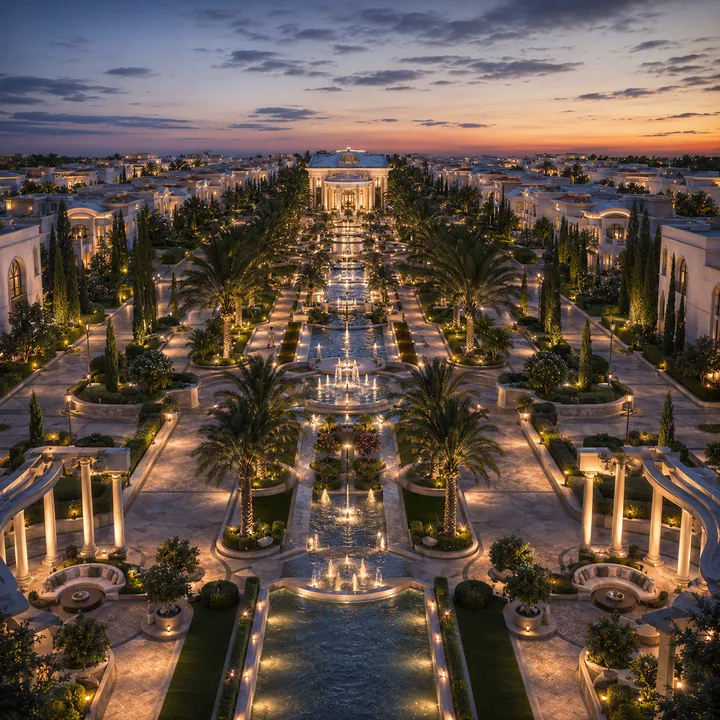 Bridge Epsilon Greek-themed landscaped gardens