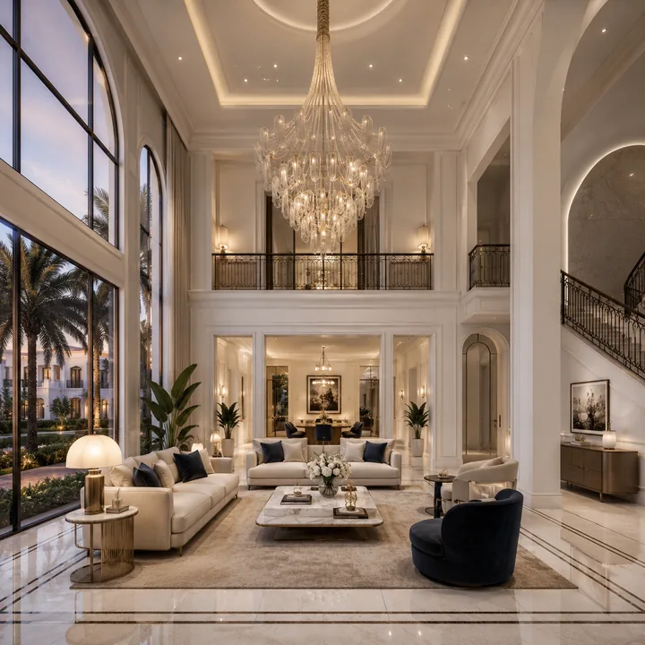 Bridge Epsilon double-height living room interior with imported marble